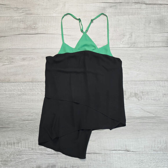 BCBGMaxazria Black Green Blouse Tank Womens Small Asymmetrical Racerback Flowy - Picture 6 of 6
